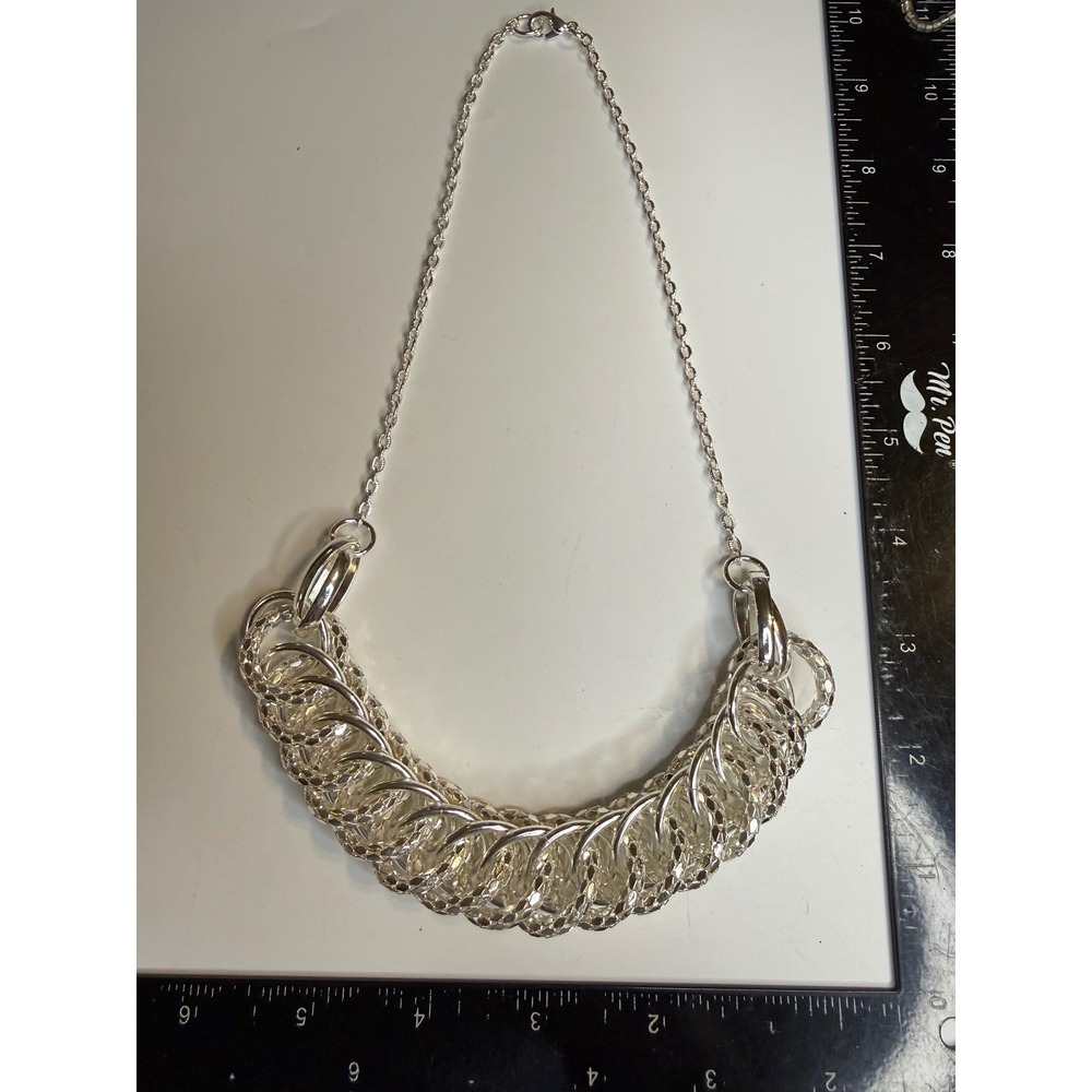 Silver Tone Chunky Multi Ring Statement Bib Necklace Textured Diamond Cut Link
